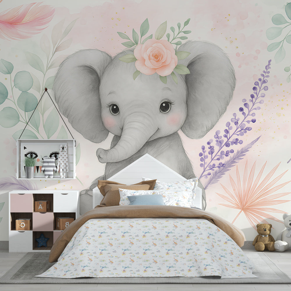 Floral elephant wallpaper creating serene atmosphere in children's bedroom with pastel decor