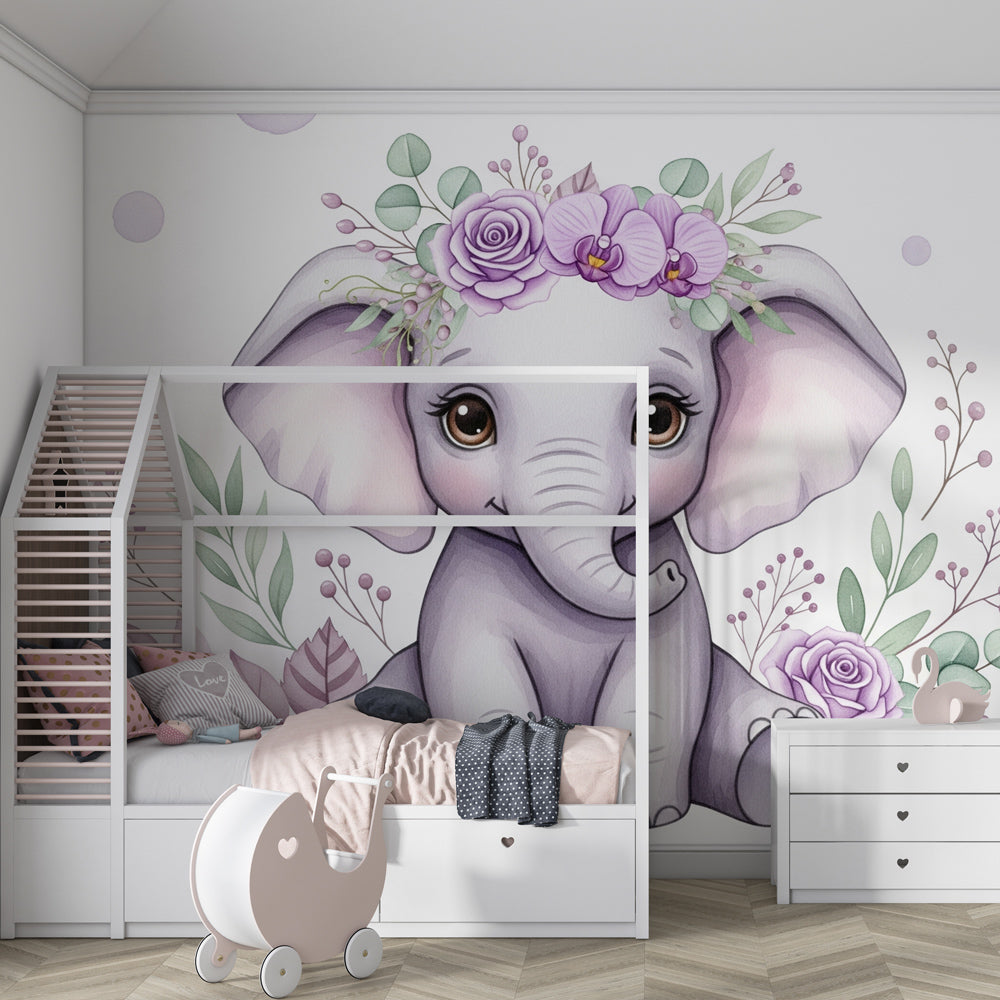 Gentle elephant wallpaper creating calming atmosphere in soft pink nursery decor