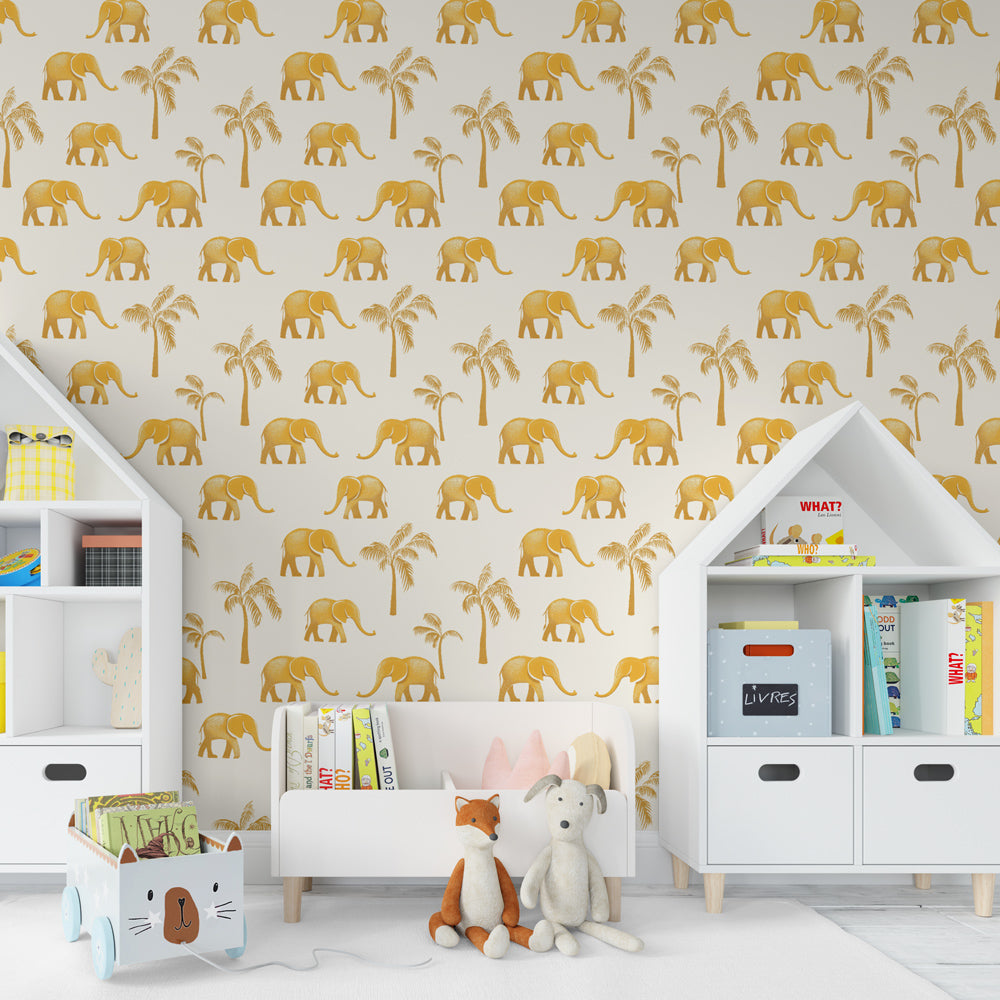 Safari-themed elephant wallpaper creating warm atmosphere in children's bedroom decor