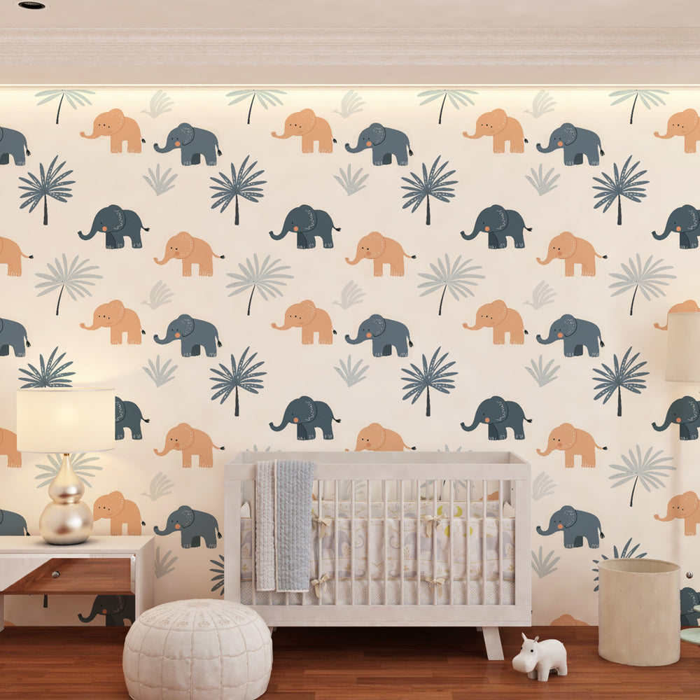 Tropical safari elephant wallpaper creating adventure theme in children's bedroom