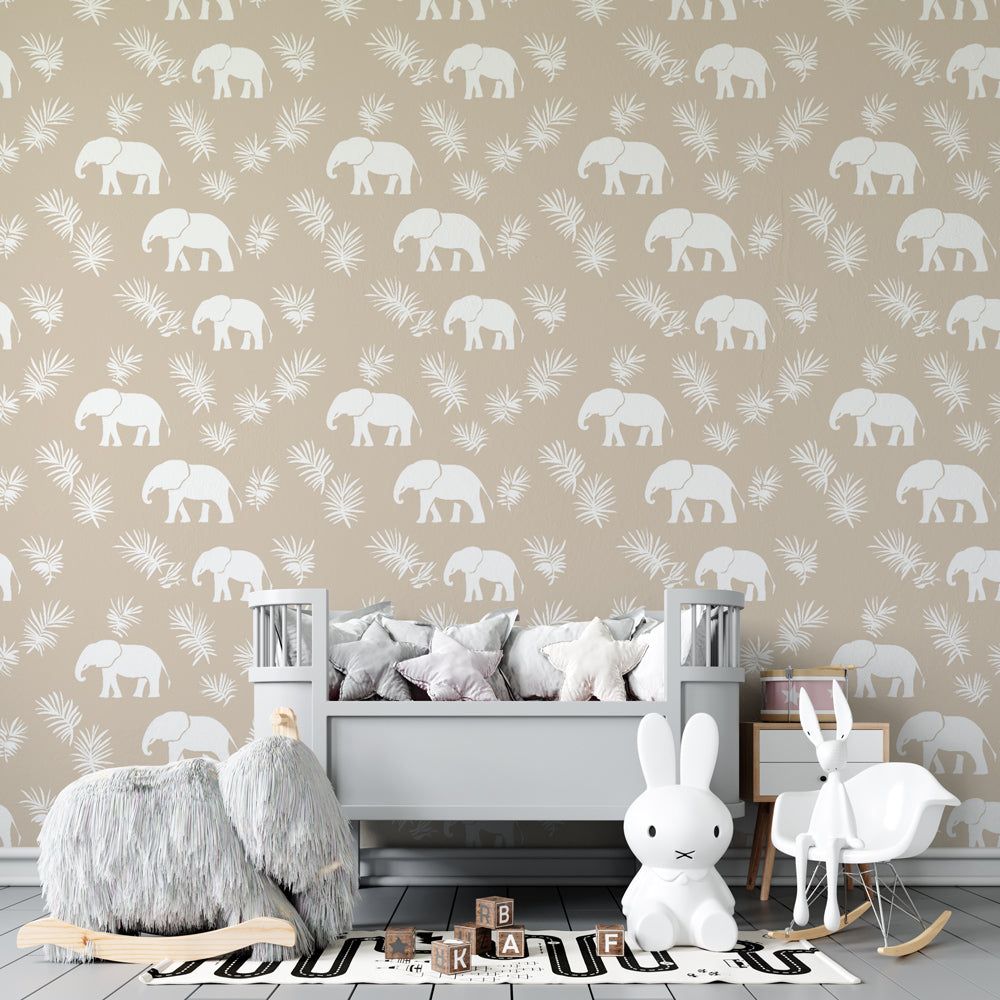 Safari elephant wallpaper in modern toddler bedroom with natural wood furniture and soft lighting