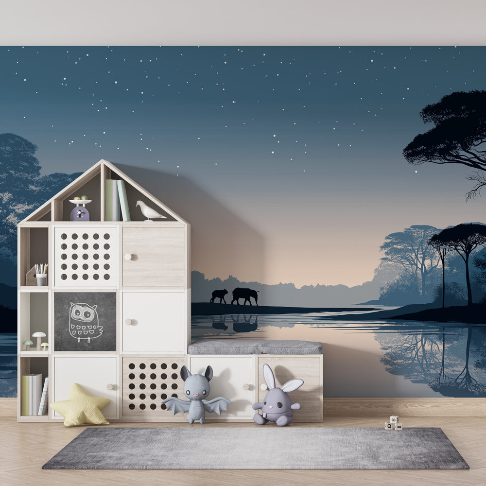 Safari elephant wallpaper creating peaceful children's bedroom with natural wood furniture