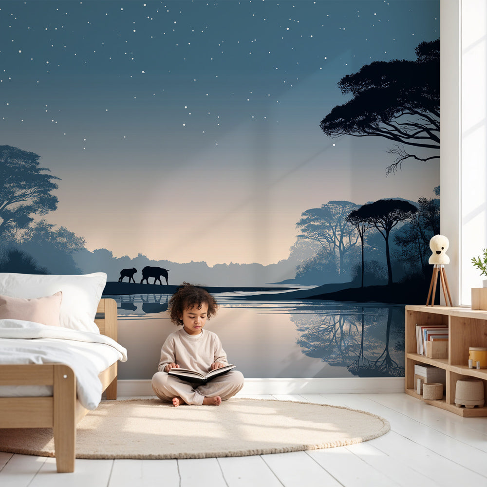 Serene blue elephant night mural wallpaper in modern nursery room by Kids-Mundo