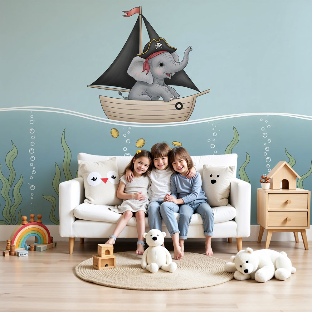Elephant pirate mural wallpaper in modern baby nursery with ocean adventure theme by Kids-Mundo