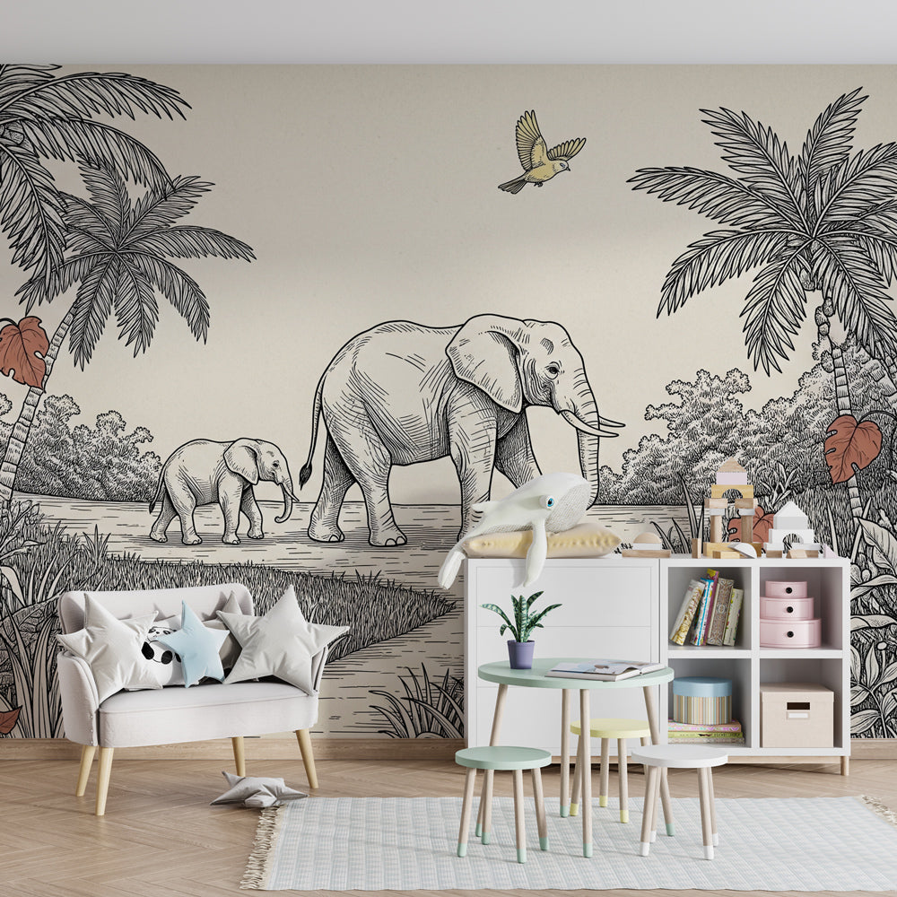 Safari elephant wallpaper in modern children's bedroom with tropical palm tree design by Kids-Mundo