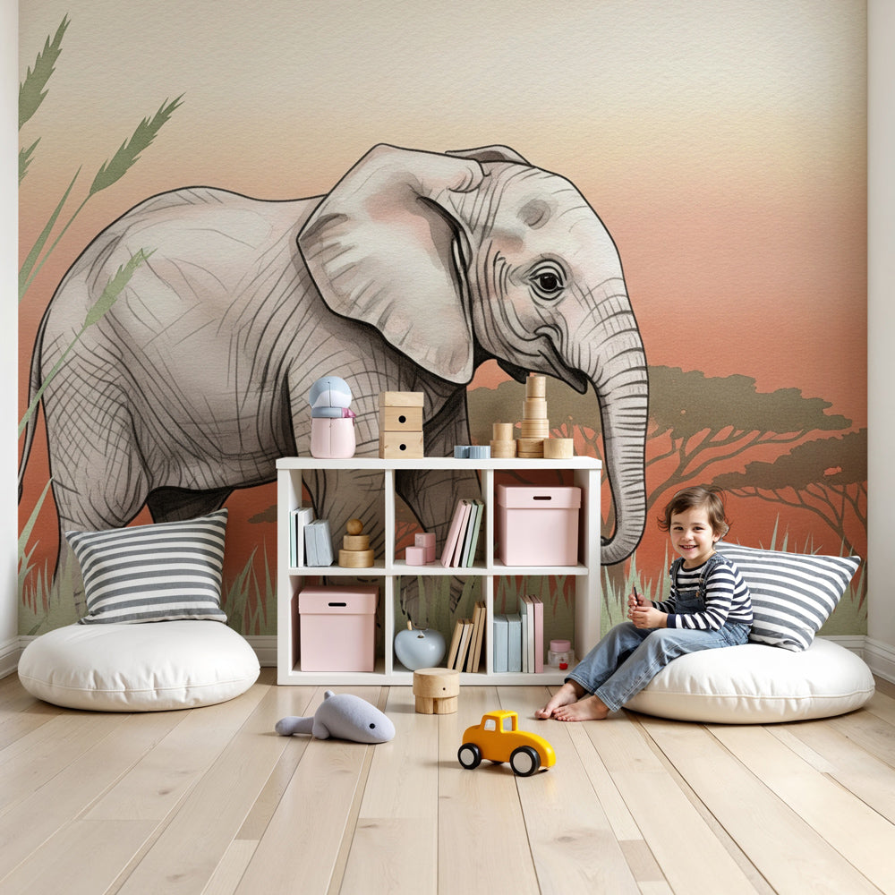 Elephant safari mural wallpaper in modern nursery with natural wood furniture by Kids-Mundo