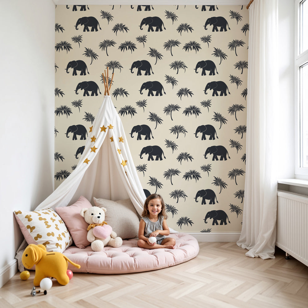 Elephant safari mural wallpaper creating magical nursery decor with jungle adventure theme by Kids-Mundo