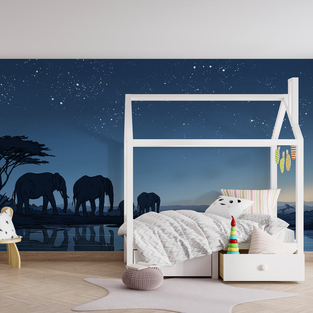 Starry night elephant wallpaper transforming kids bedroom into peaceful African savanna by Kids-Mundo