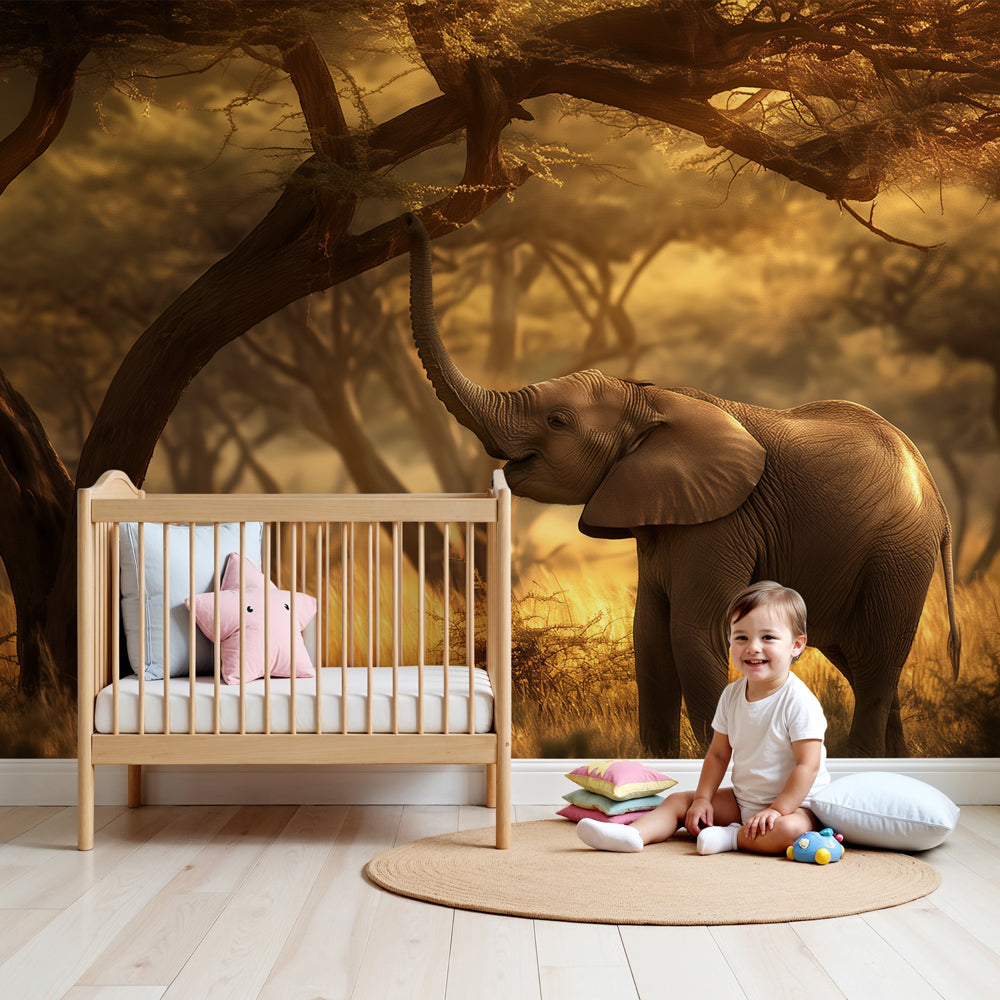 Elephant savanna mural wallpaper in modern nursery with natural wood furniture by Kids-Mundo