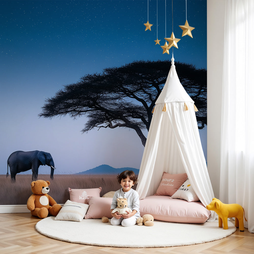 Elephant stars mural wallpaper in serene nursery setting with natural wood crib by Kids-Mundo