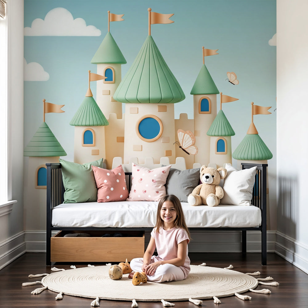 Enchanted castle mural wallpaper creating magical fairy tale nursery decor by Kids-Mundo