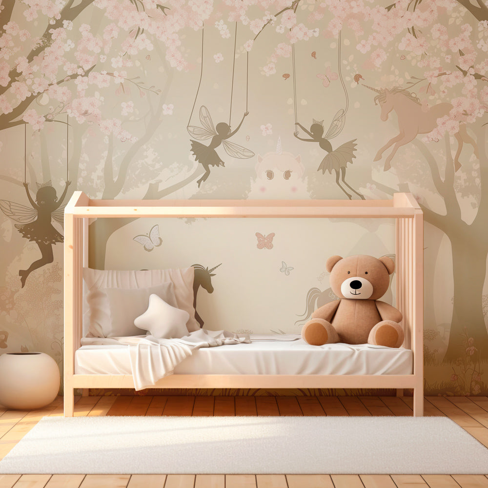 Magical unicorn and fairy wallpaper creating dreamy children's bedroom decor with cherry blossoms