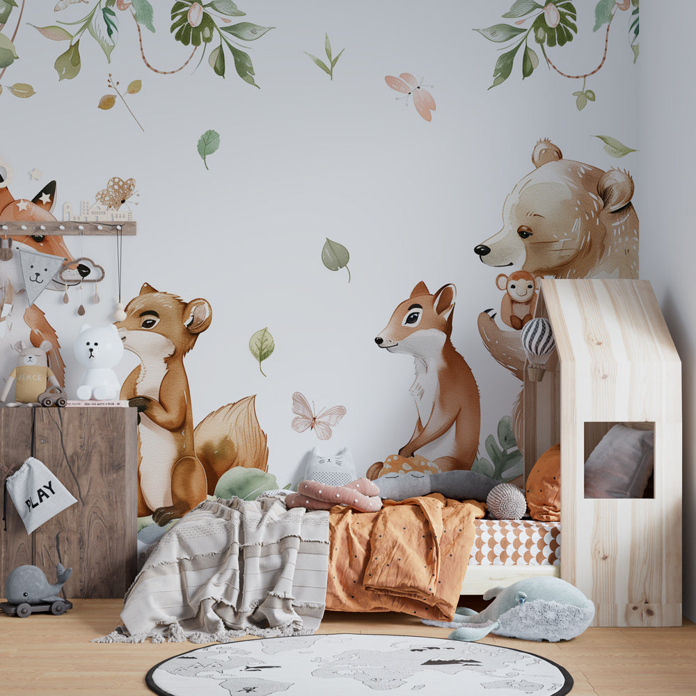 Forest animal mural wallpaper transforming children's bedroom into peaceful woodland sanctuary