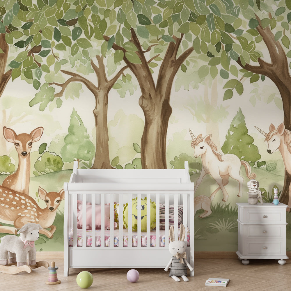 Magical woodland wallpaper creating peaceful children's bedroom with forest animals