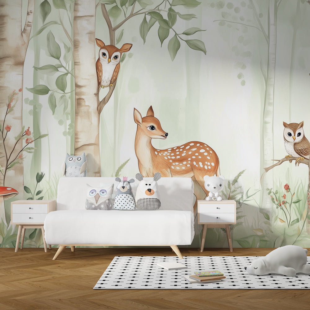 Woodland animals mural wallpaper creating magical forest atmosphere in children's bedroom