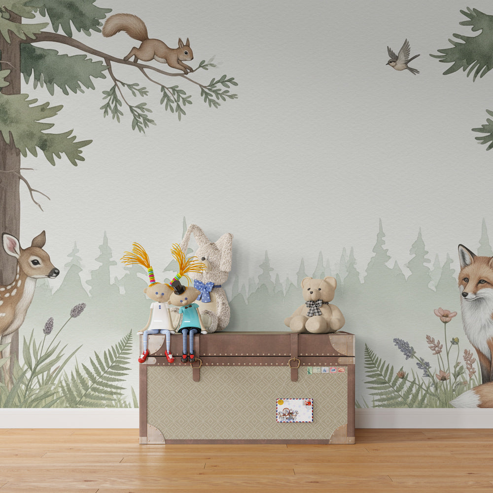 Enchanted forest mural wallpaper transforming children's bedroom with nature theme by Kids-Mundo