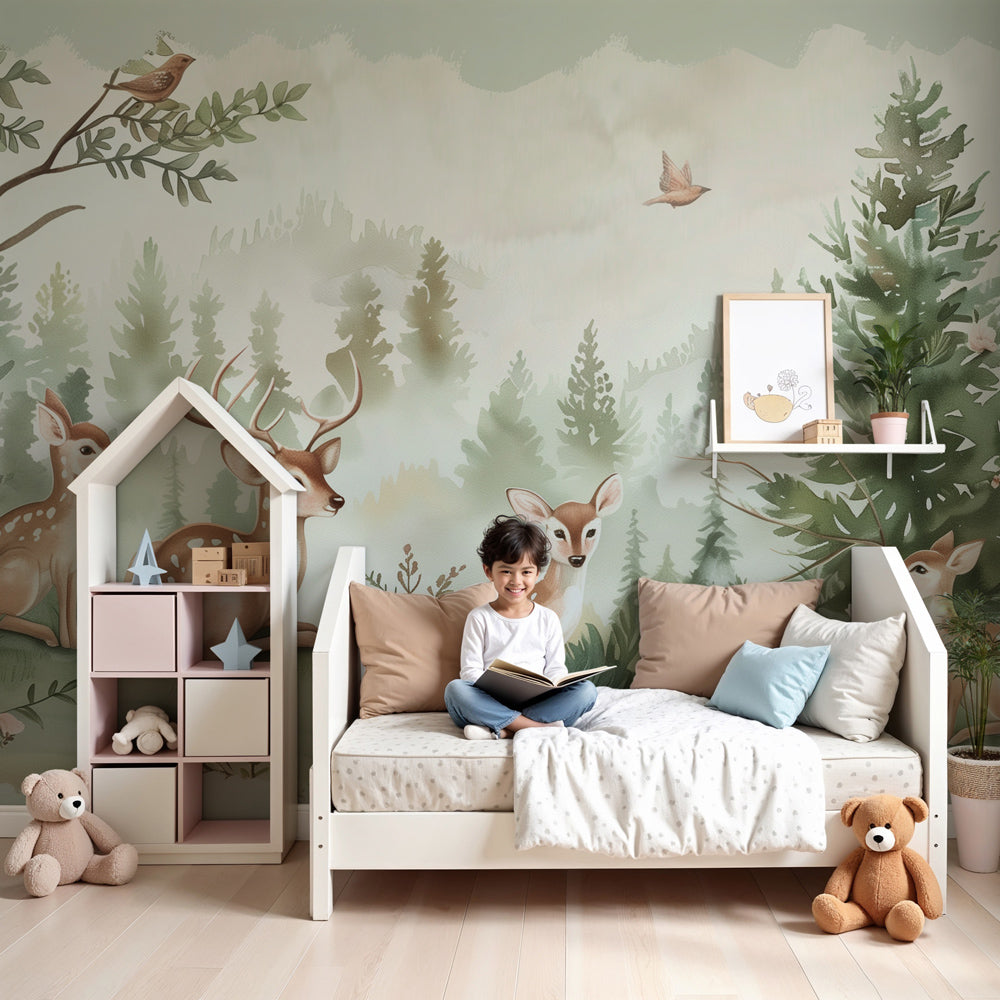 Enchanted forest mural wallpaper with fawns and flowers in peaceful nursery setting by Kids-Mundo