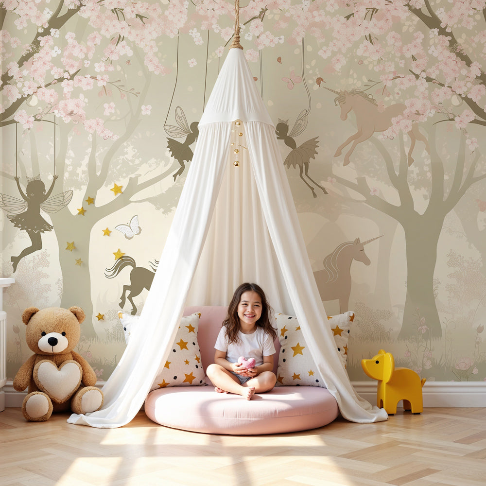 Enchanted forest mural wallpaper with unicorns and fairies in beautiful nursery by Kids-Mundo