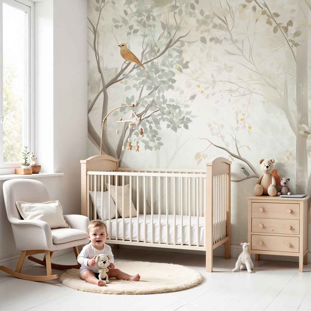 Enchanted forest mural wallpaper with pastel birds in modern nursery by Kids-Mundo