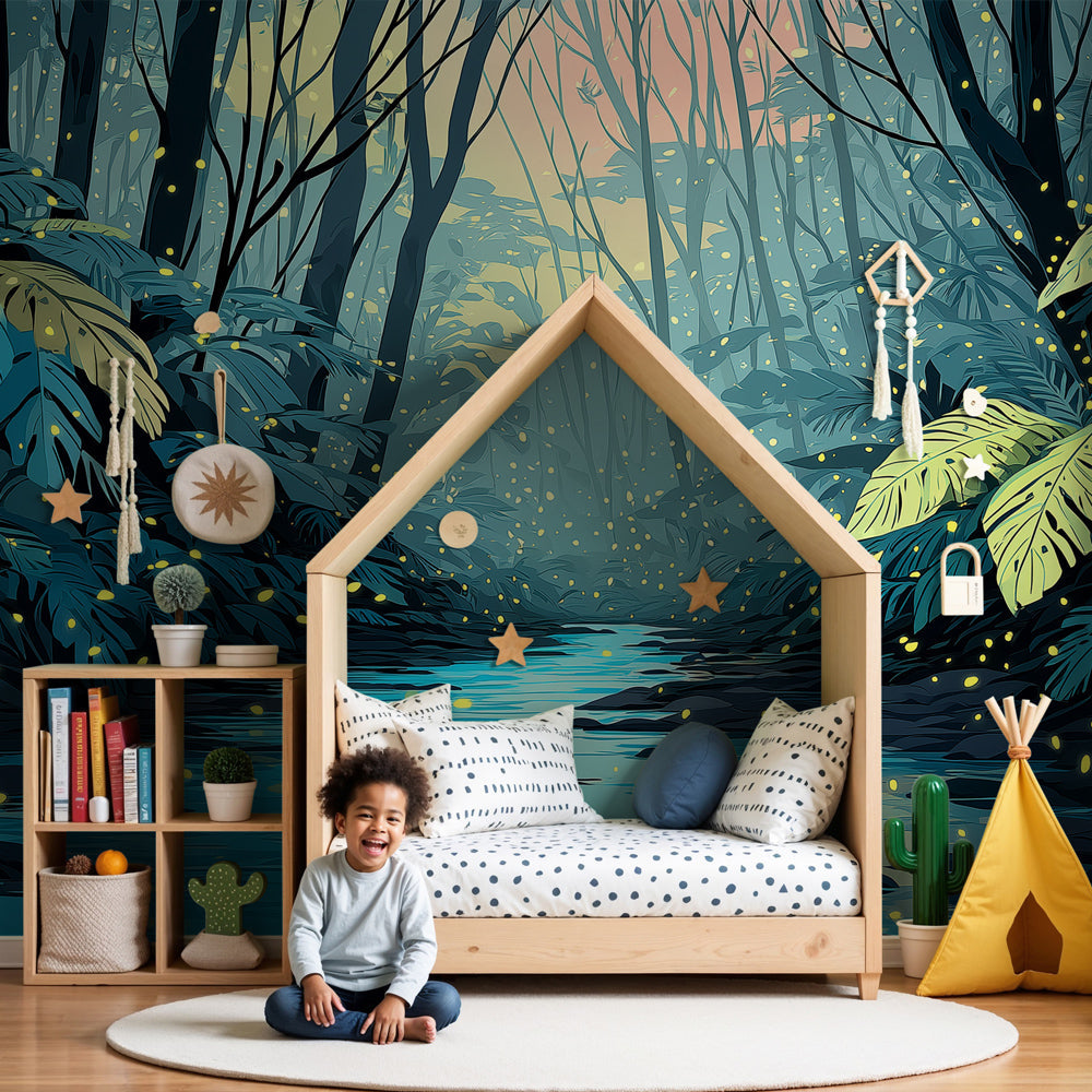 Enchanted forest mural wallpaper with fireflies creating magical nursery decor by Kids-Mundo