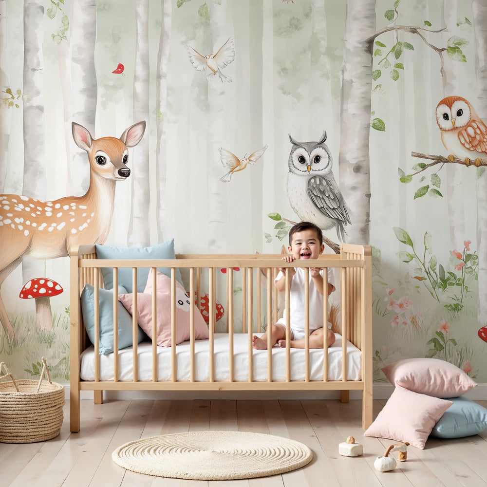 Enchanted forest mural wallpaper with fawns and owls in peaceful nursery setting by Kids-Mundo