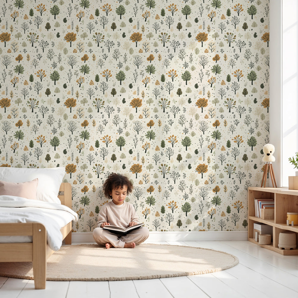 Enchanted forest mural wallpaper creating magical woodland nursery decor by Kids-Mundo