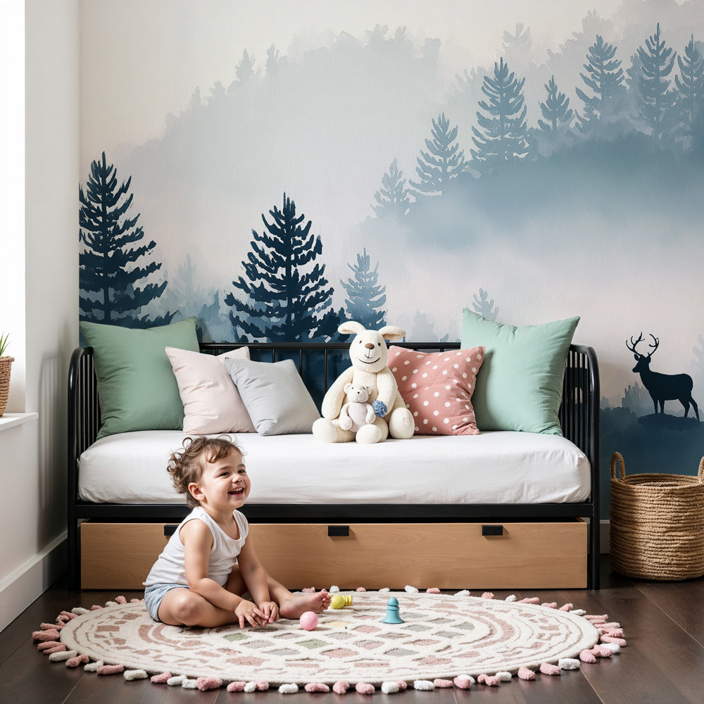 Enchanted forest mural wallpaper with majestic deer in blue misty nursery by Kids-Mundo