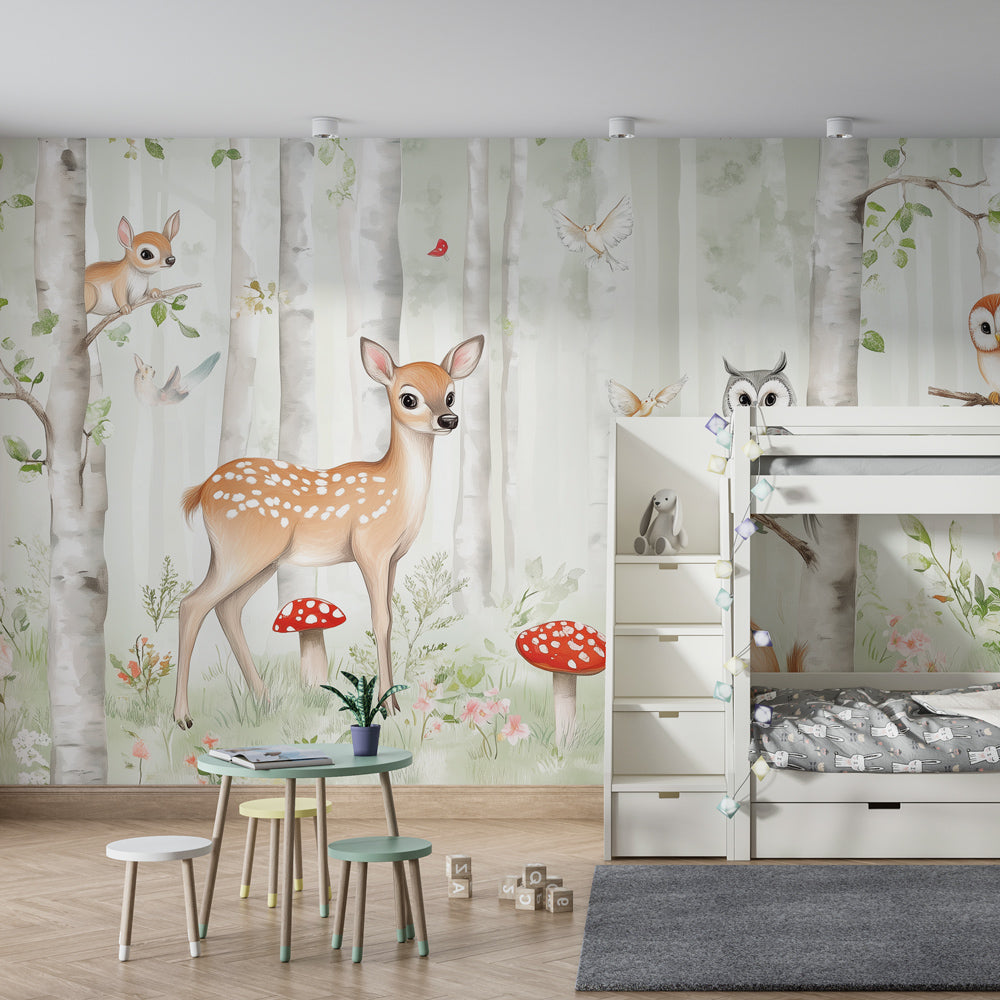 Woodland themed nursery featuring enchanted forest wallpaper with gentle deer and owl characters