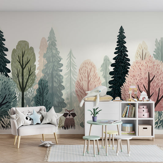 Kids-Mundo woodland owl raccoon wall mural forming a feature wall in a bedroom