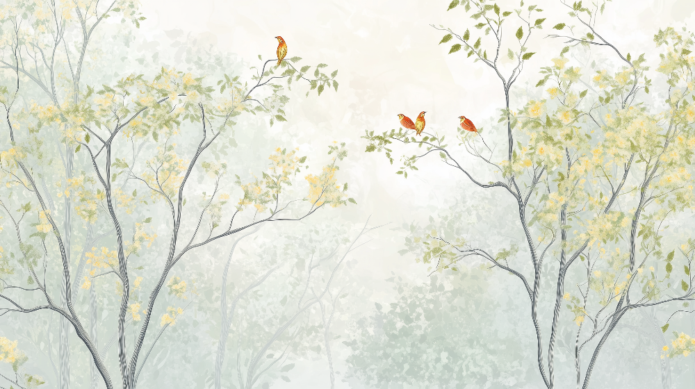 Kids-Mundo flat artwork preview of the misty enchanted forest mural design with three small birds.