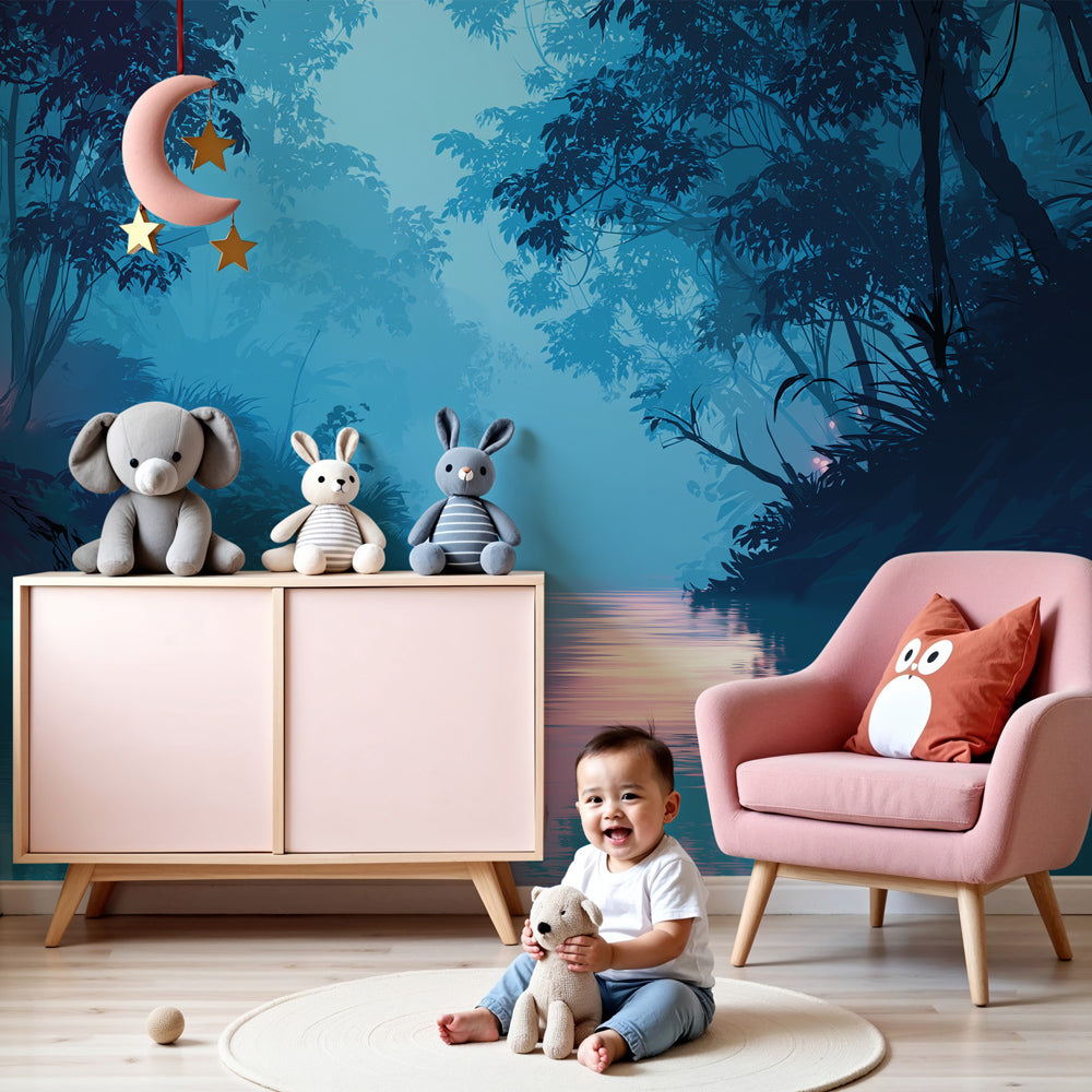 Enchanted river mural wallpaper creating magical twilight atmosphere in modern kids nursery by Kids-Mundo