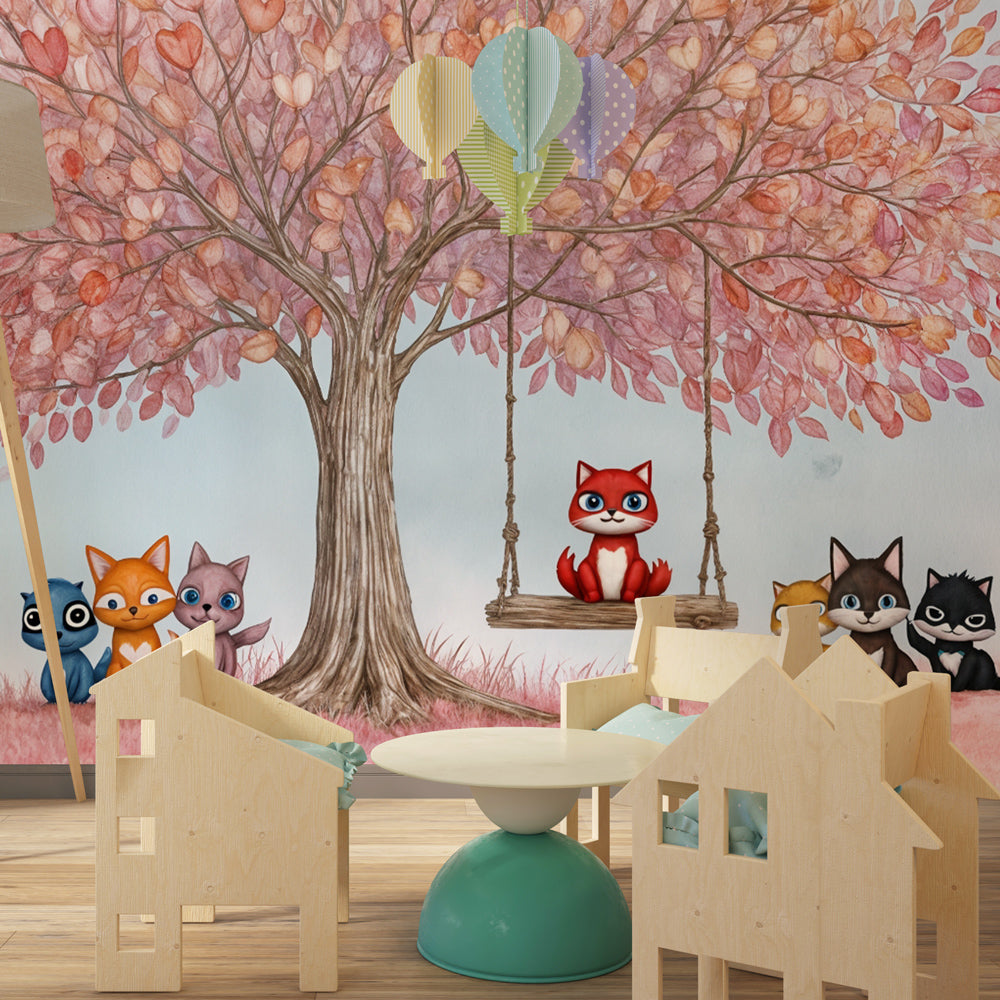 Colorful tree wallpaper with woodland animals transforming kids bedroom into magical space