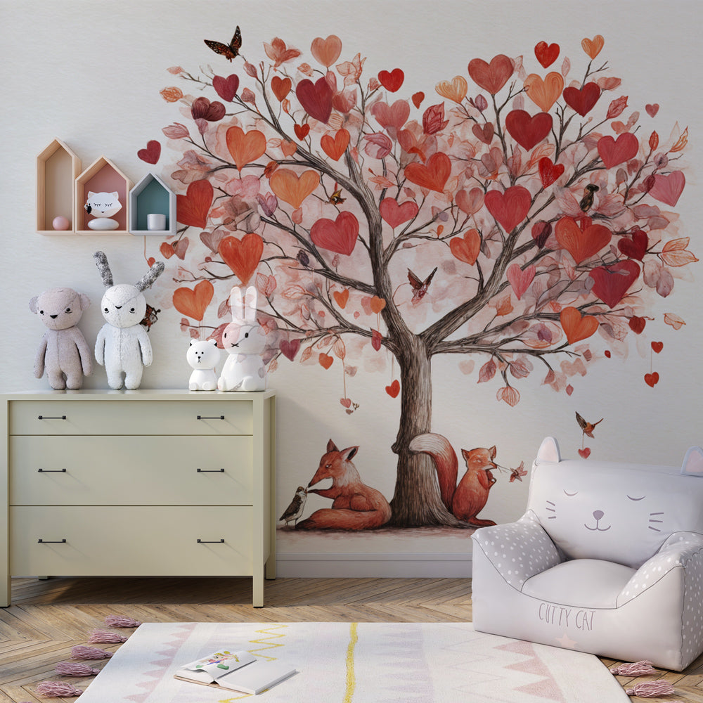 Magical woodland tree wallpaper creating cozy children's bedroom decor with fox characters