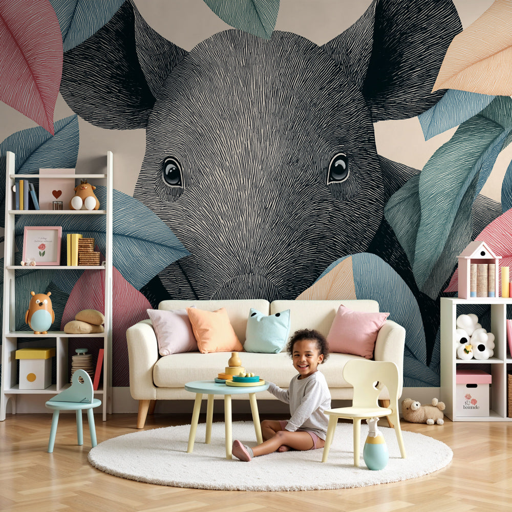Exotic animals mural wallpaper with colorful foliage in modern nursery by Kids-Mundo