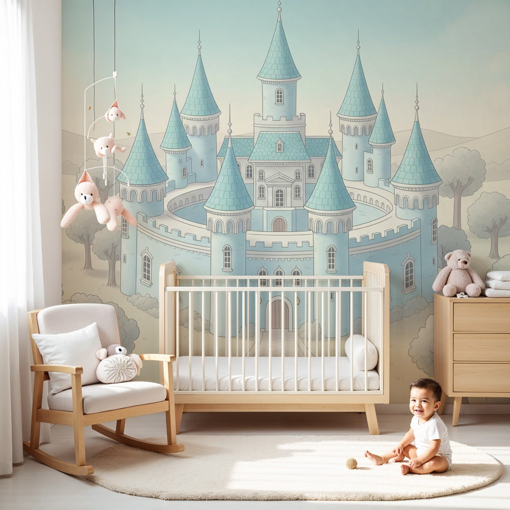 Fairy castle mural wallpaper creating magical kingdom atmosphere in kids bedroom by Kids-Mundo
