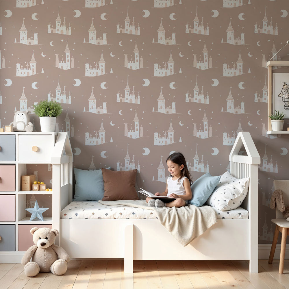 Moonlit castle wallpaper transforming children's bedroom into enchanted kingdom by Kids-Mundo