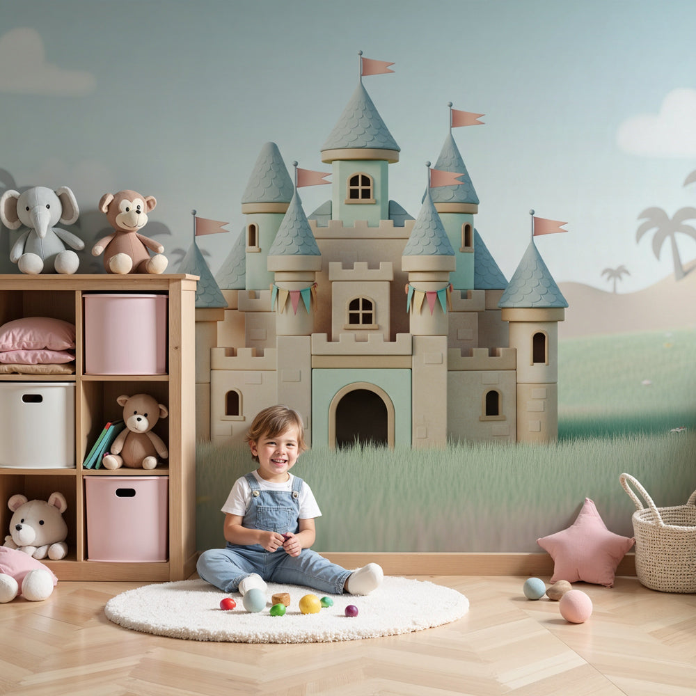 Fairy castle mural wallpaper creating enchanted nursery decor with magical kingdom theme by Kids-Mundo