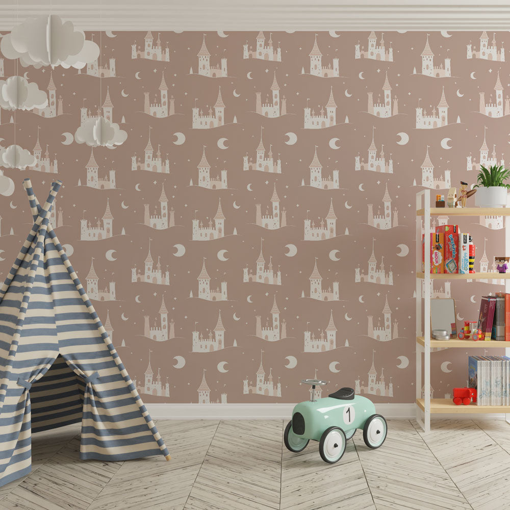 Fairy castle mural wallpaper creating magical nursery decor with moonlit sky theme by Kids-Mundo
