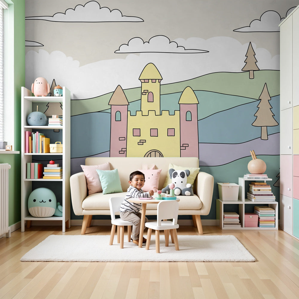 Fairy castle mural wallpaper in elegant nursery with pink castle and forest trees by Kids-Mundo
