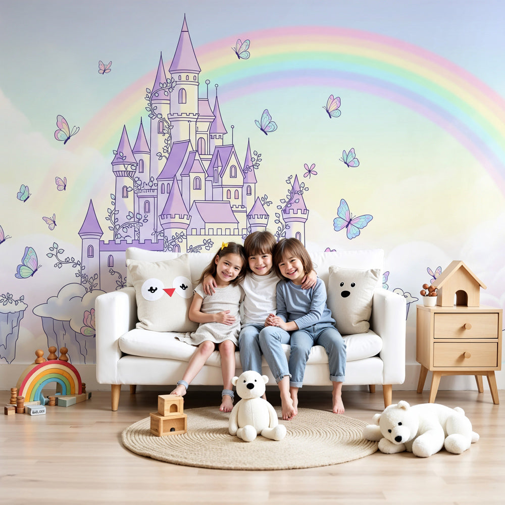 Fairy castle mural wallpaper with butterflies in bright nursery room by Kids-Mundo