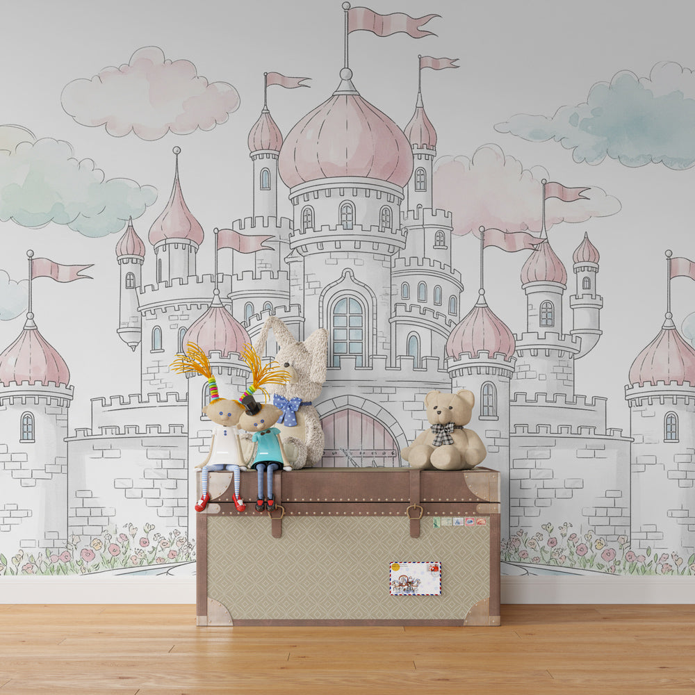 Pink fairy castle wallpaper creating magical nursery decor with unicorn theme