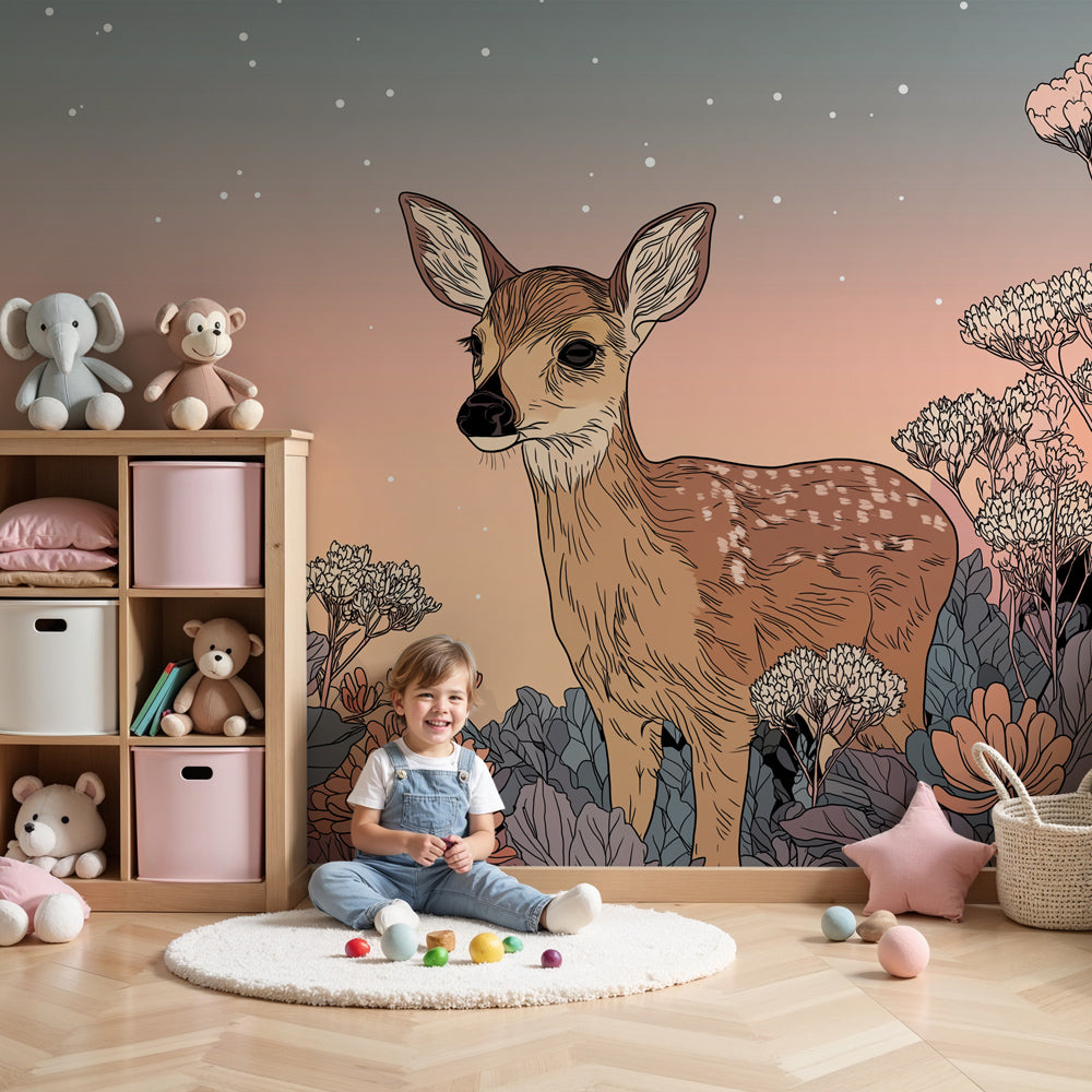 Fairy garden mural wallpaper with baby deer creating magical nursery decor by Kids-Mundo
