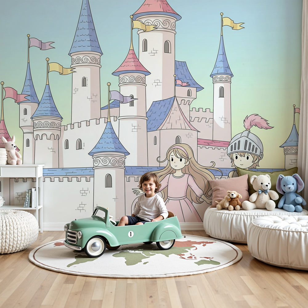 Fairy tale castle mural wallpaper with prince and princess in modern nursery by Kids-Mundo