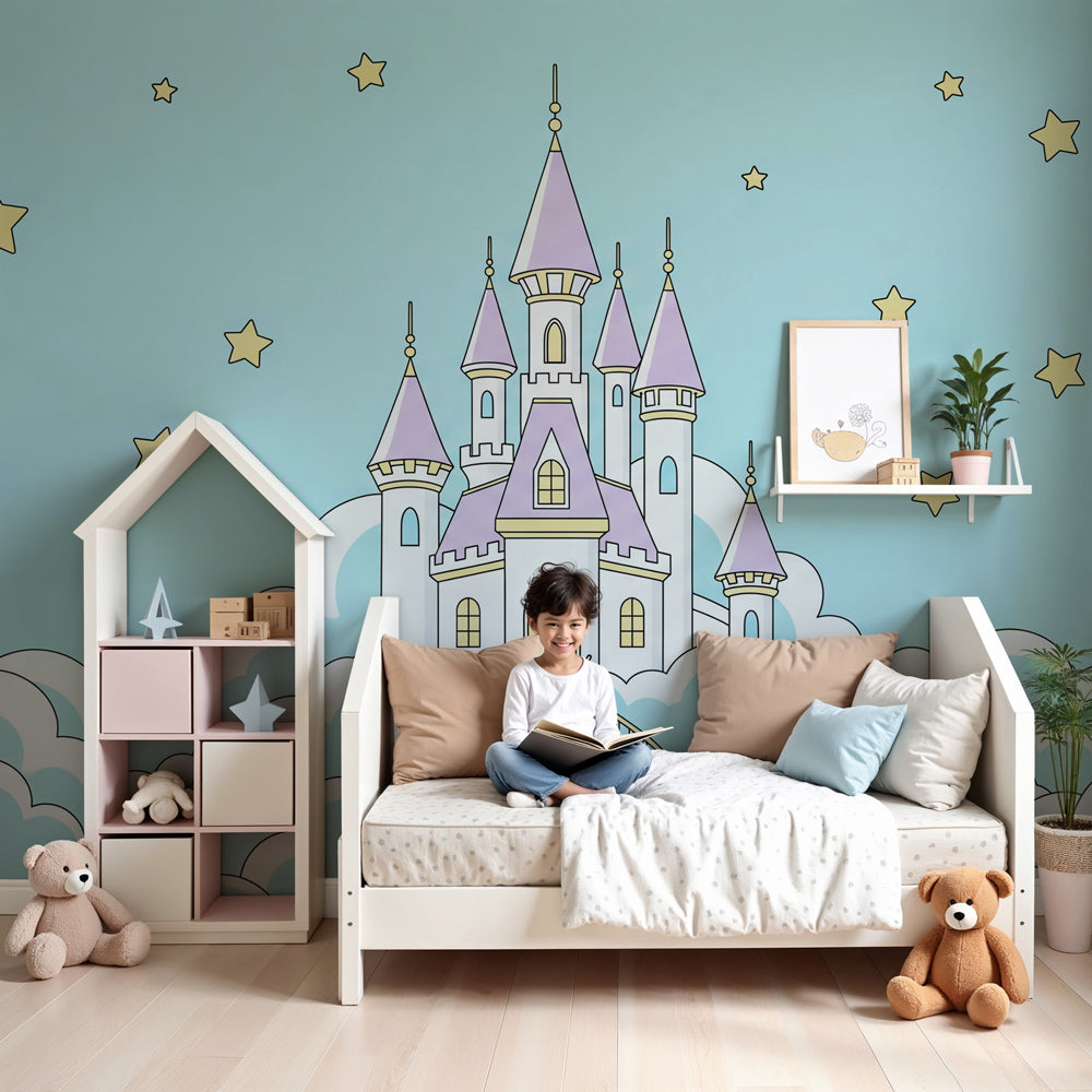 Fairy tale castle mural wallpaper in modern nursery with white crib by Kids-Mundo