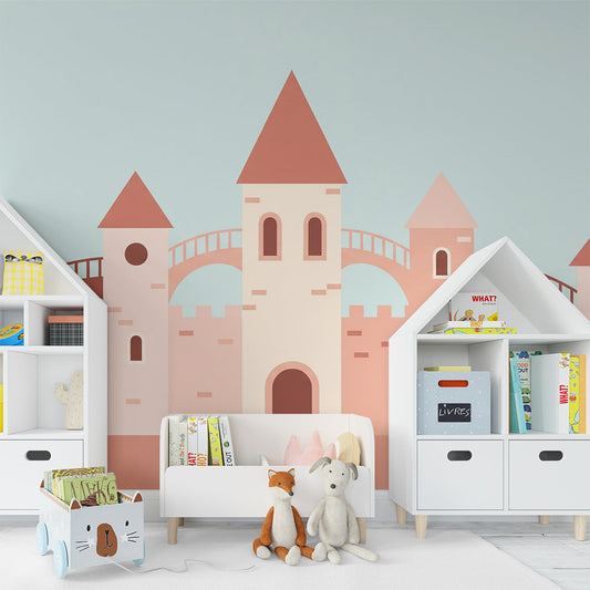 Kids-Mundo castle wall mural with linked towers and bridges styled on a kids bedroom wall