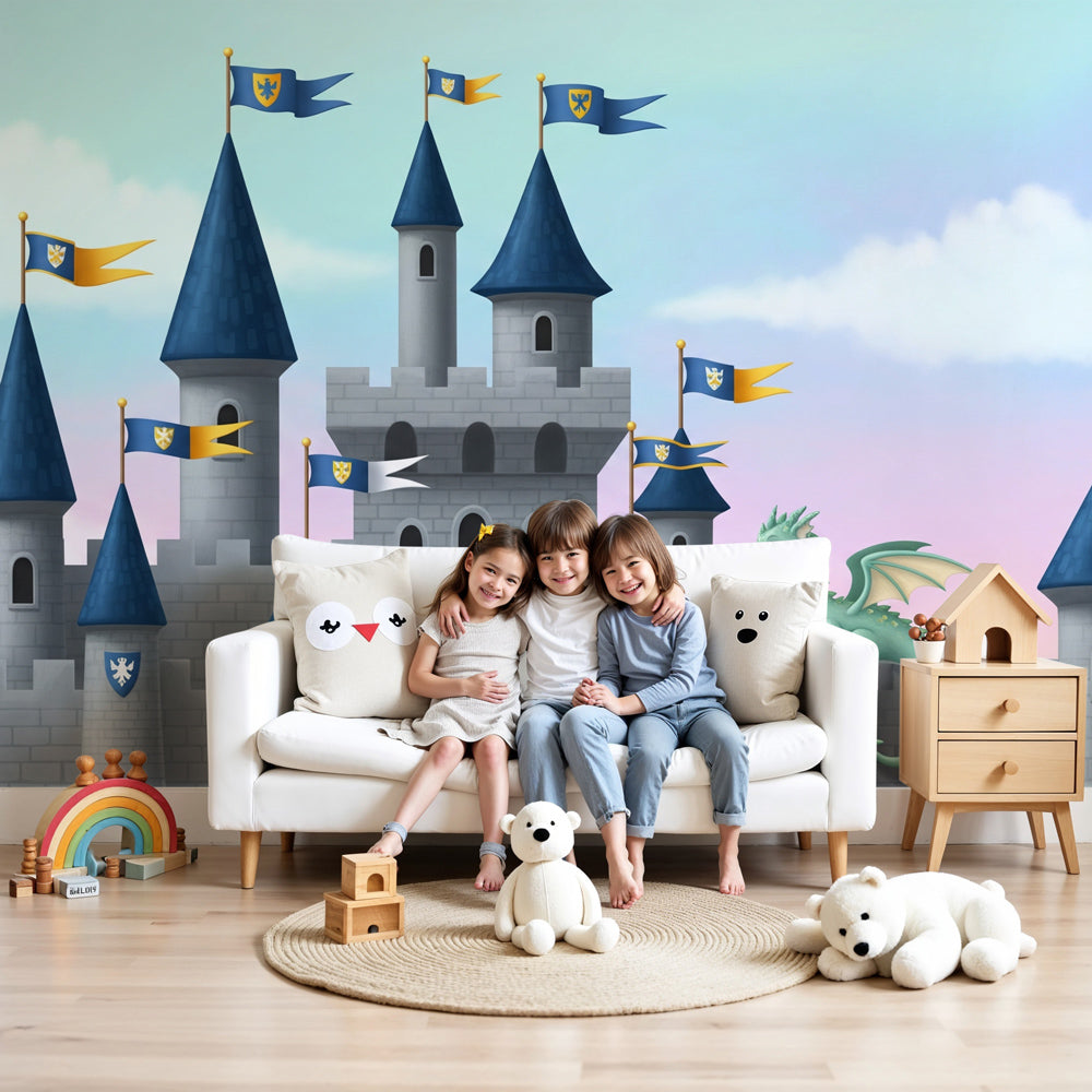 Fairytale castle mural wallpaper with dragon in modern kids bedroom by Kids-Mundo