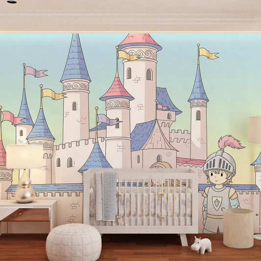 Kids-Mundo castle wall mural with princess and knight covering a wall in a child's bedroom