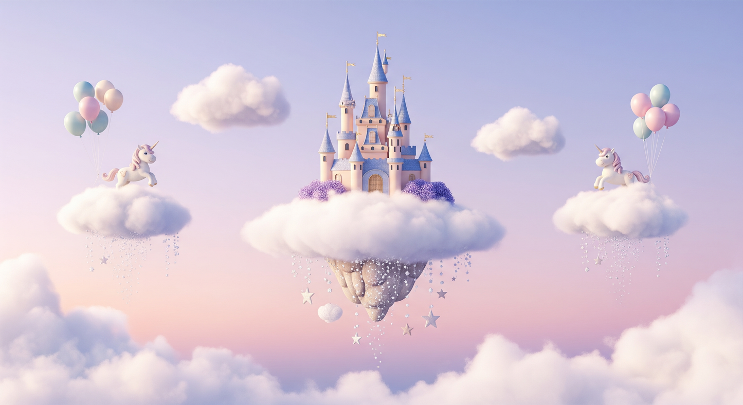 Flat artwork preview of the Kids-Mundo fairytale castle and unicorns wall mural design