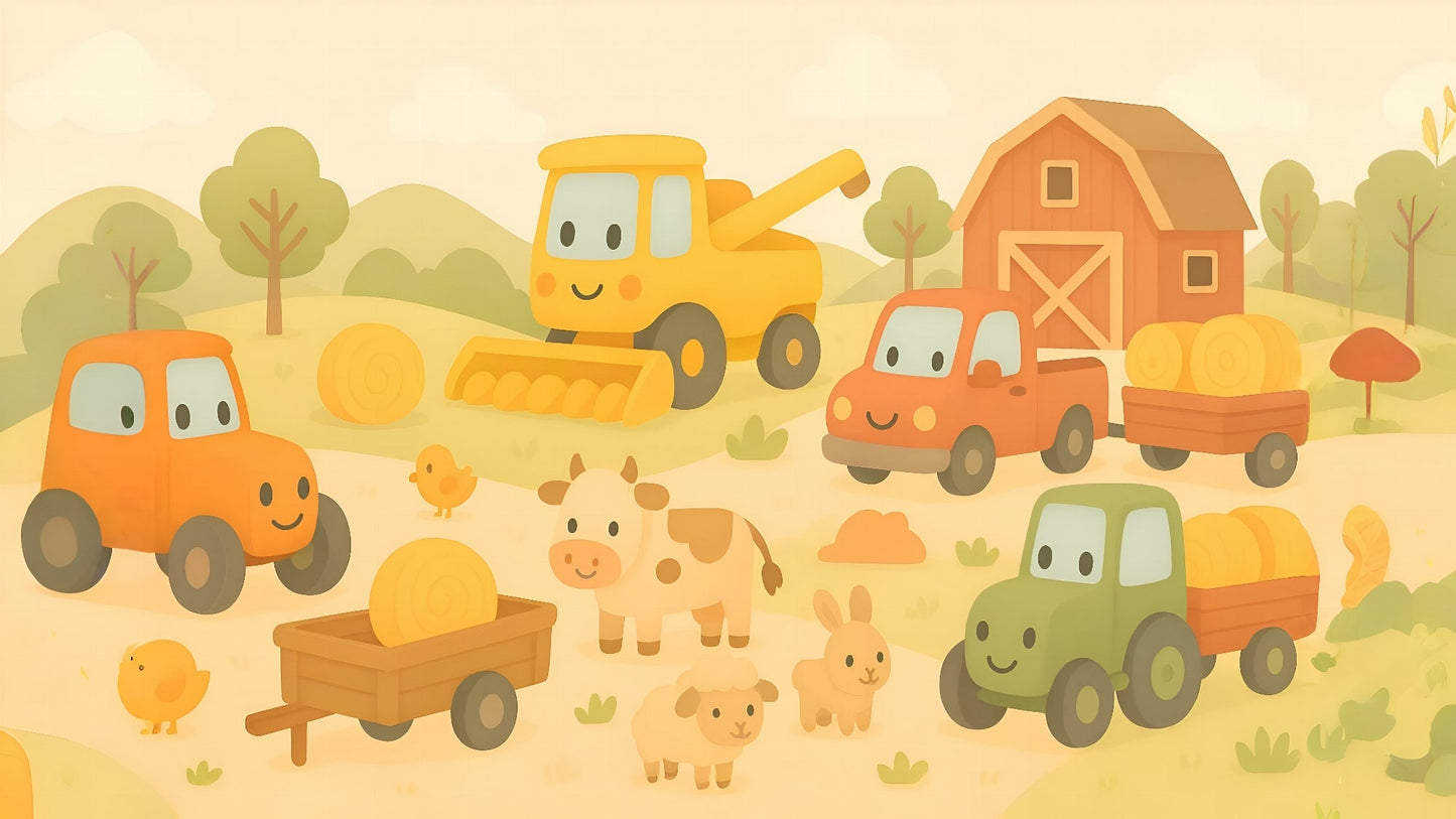 Kids-Mundo flat artwork of smiling farm tractors, a barn, cow, sheep, rabbit and chicks on a sunny hillside