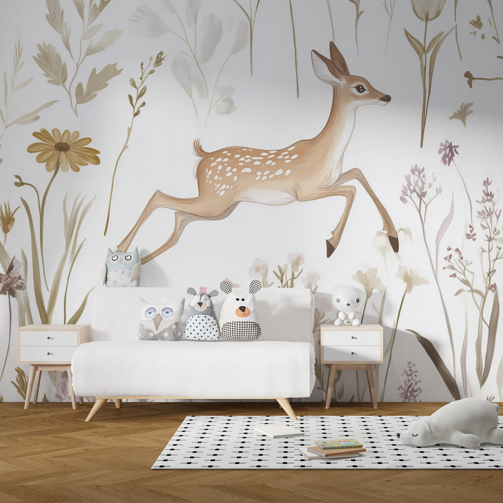 Woodland fawn and flower wallpaper creating serene baby bedroom decor with pastel colors